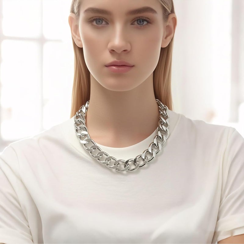 ANGLEQUEEN Chunky Silver Necklaces for Women Silver Layered Pirate Necklaces Punk 8090s Hip Hop Cuban Link Chain Necklace Layered Choker Necklace Pirate Prom Jewelry Freaknik Outfit Accessories - Image 4